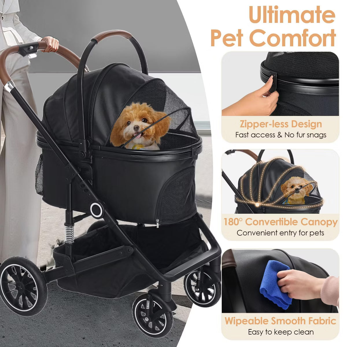 3-in-1 Folding Pet Stroller for Small to Medium Dogs and Cats up to 50 lbs with Storage Basket