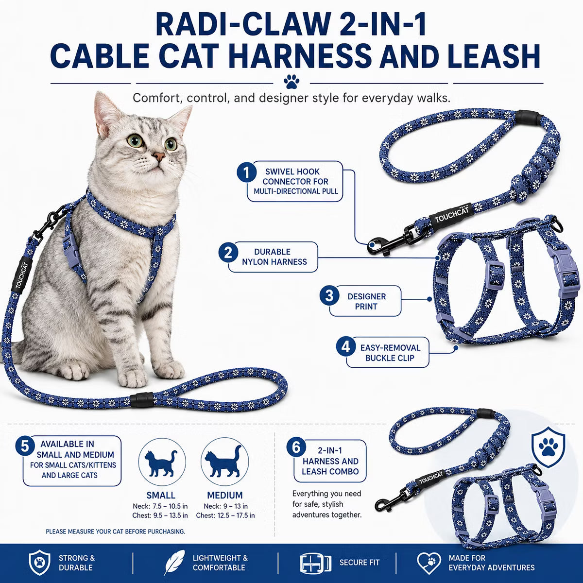 Claw Durable Cable Cat Harness Grey small