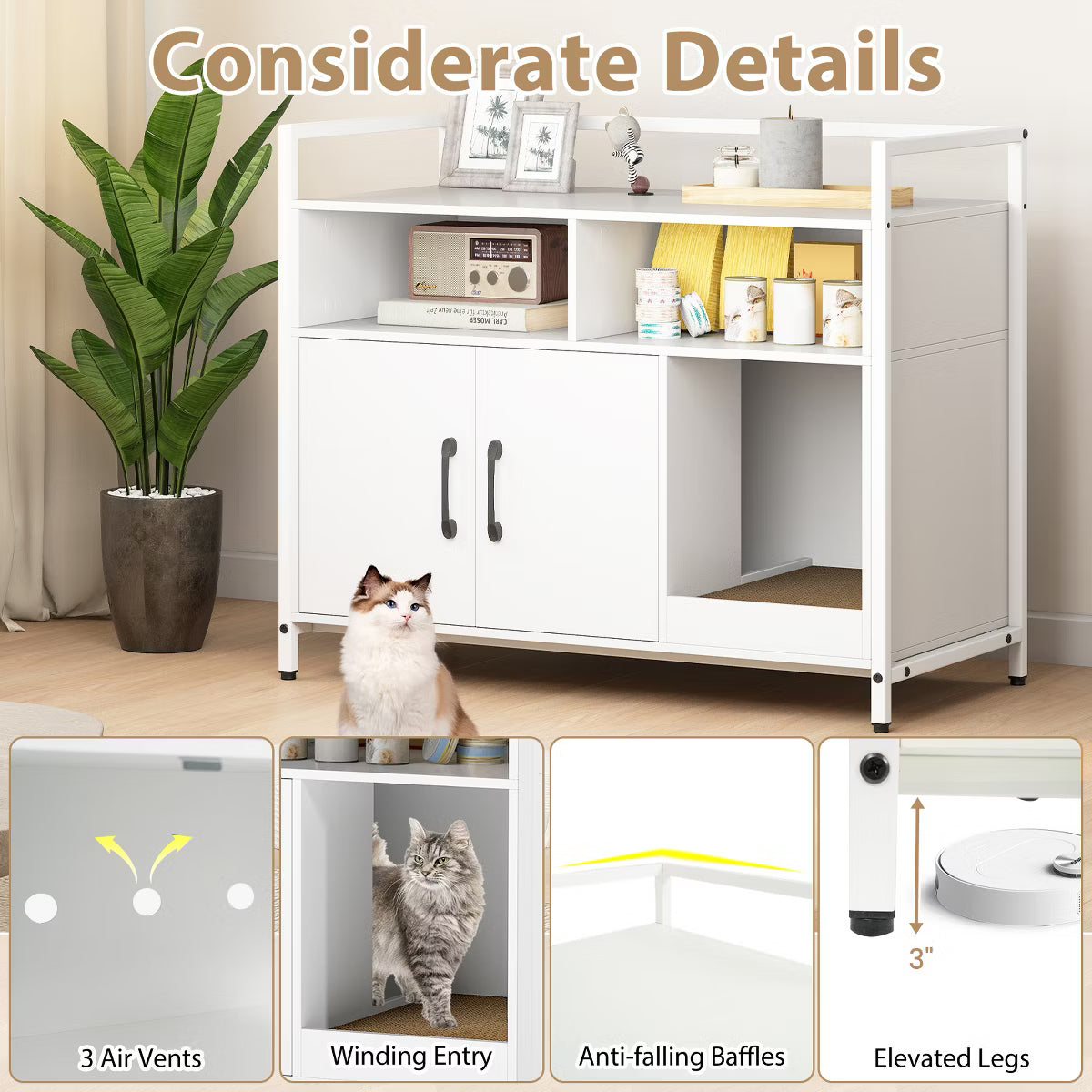 Cat Litter Box Enclosure w/ Storage Compartments Removable Scratching Board Gray