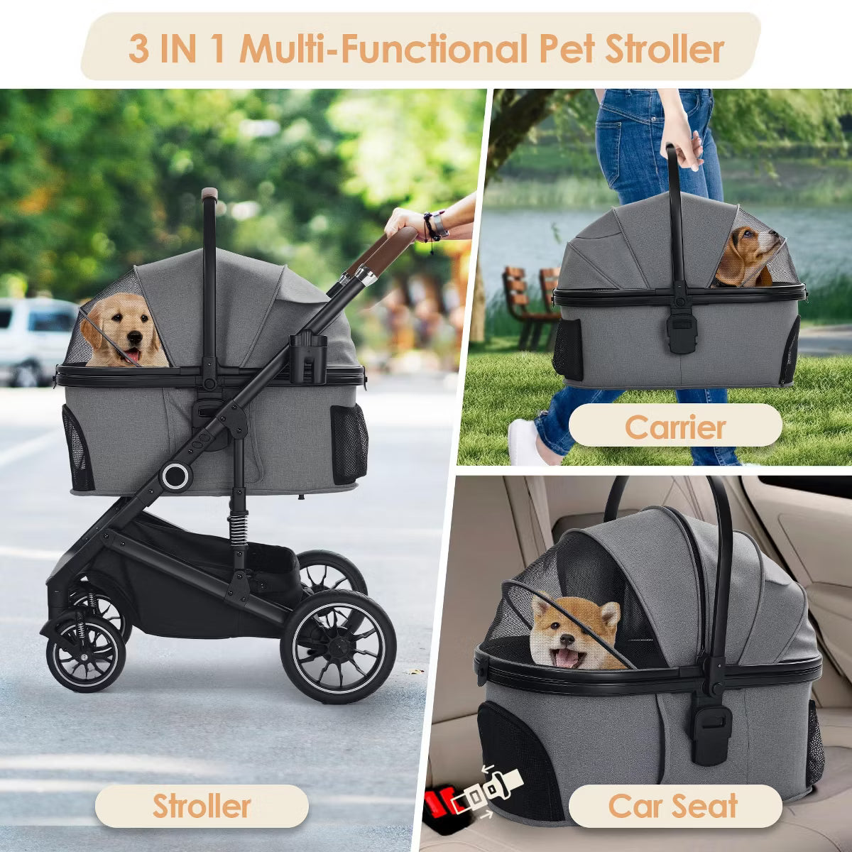 3-in-1 Folding Pet Stroller for Small to Medium Dogs and Cats up to 50 lbs with Storage Basket