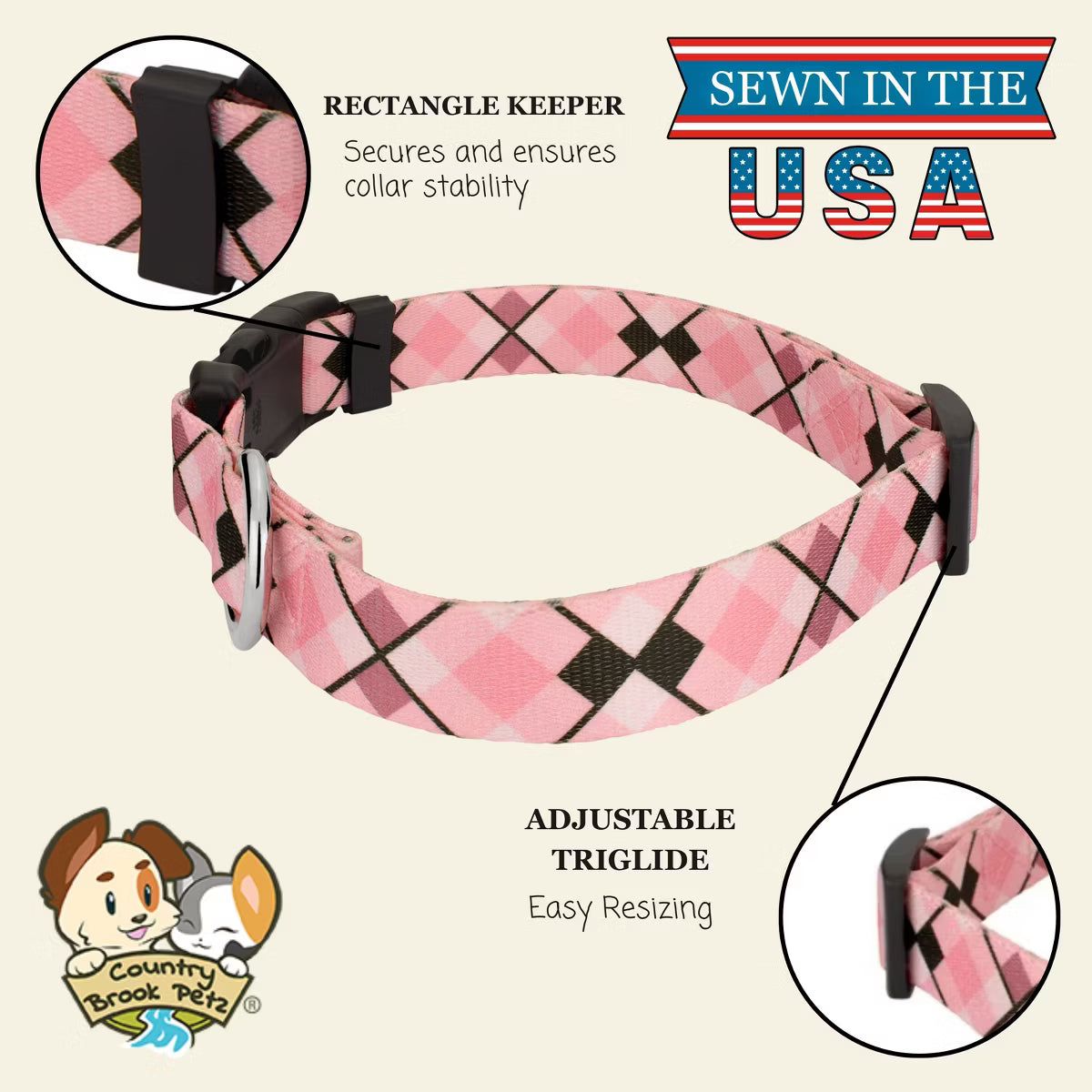 Pink and Brown Argyle Everyday Dog Collar Limited Edition Made in The U.S.A. (1/2 Inch, Extra Small)