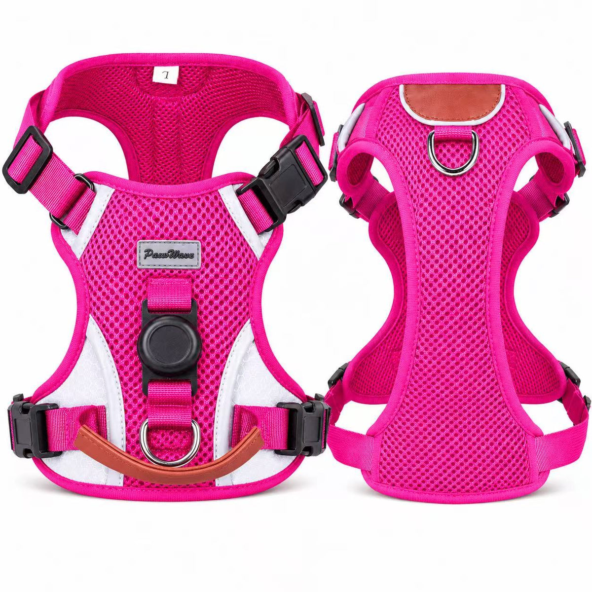 Hot pink PawWave no-pull dog harness with AirTag holder, front and back view