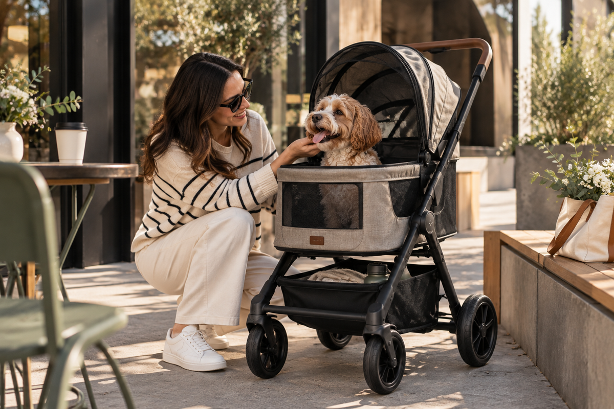 A dog enjoying a day out in a pet stroller