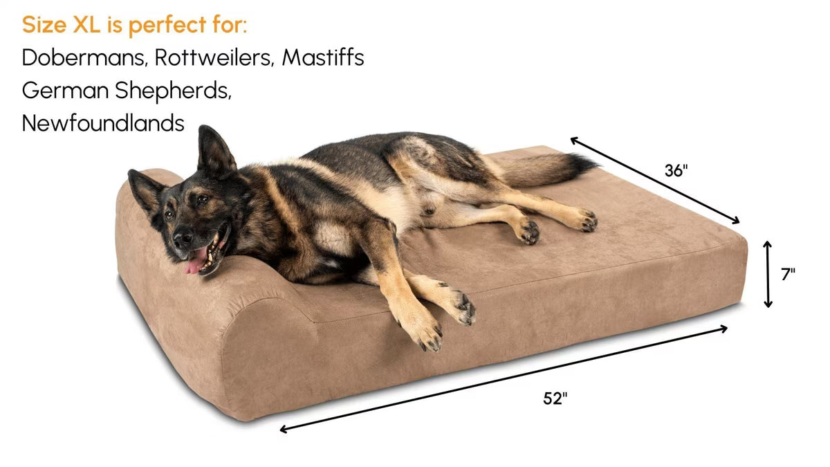 A German Shepherd dog lies stretched out on a large, rectangular, low-profile pet bed with a brown microfiber fabric, set against a plain white background.